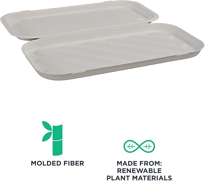 ECO PRODUCTS Compostable Vanguard 13"x7" Pizza Clamshell To Go Containers, Case of 200, Flatbread Take Out Food Box, White Renewable Molded Fiber, No-Added PFAS, ASTM Compliant, BPI-Certified