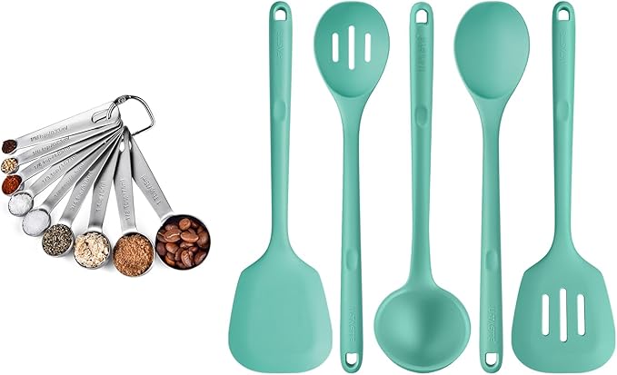 18/8 Stainless Steel Measuring Spoons Set for Dry and Liquid Ingredients (Set of 9), and 600℉ Heat Proof BPA-Free Solid/Slotted Sturdy Cooking Utensil Set of 5 for Non Stick Cookware, Aqua Sky