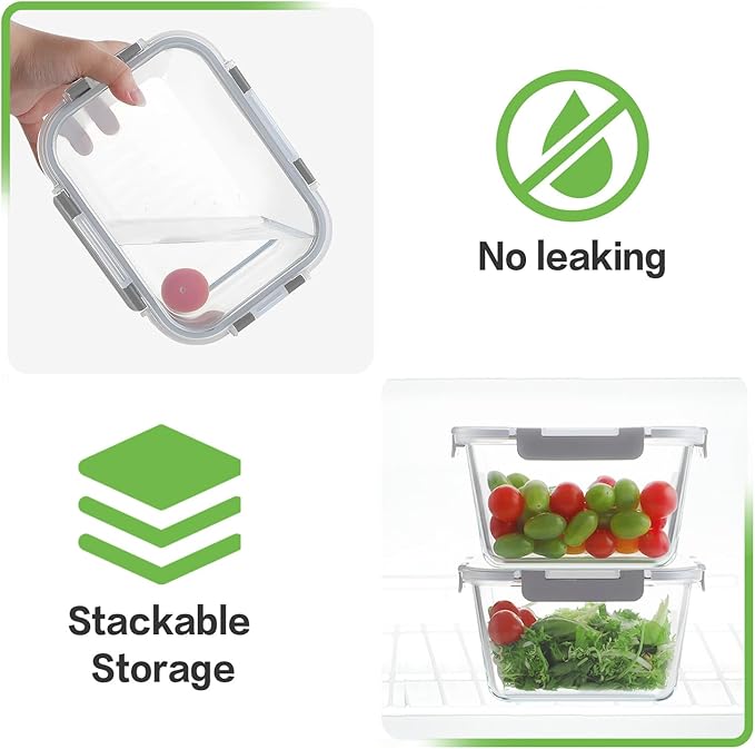 HOMBERKING 4pc Glass Food Storage Containers with Lids, Glass Meal Prep Containers with Leak Proof Snap Lock Lids, Airtight Bento Lunch Boxes, Kitchen Storage (2 lids & 2 Containers) - Grey