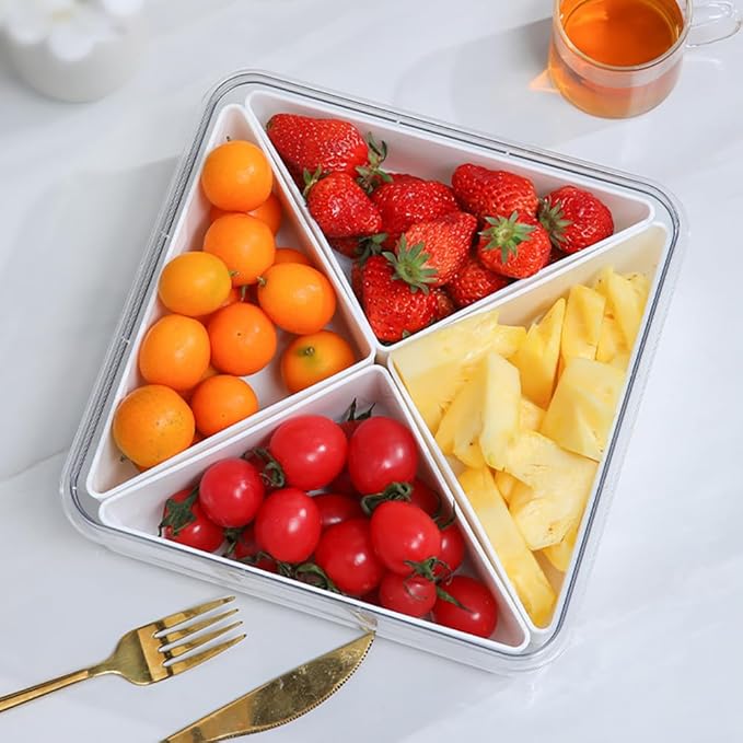 Veggie Tray With Lid for Fridge Organizer Bins Divided Snackle Box Container with 4 Compartments for Party Serving Platter, Fruit Tray with dip, Snack Storage, Reusable Meal Prep
