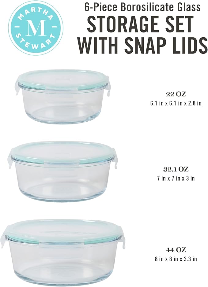 Martha Stewart Lamoine 6 Piece 44 oz, 32 oz, 22 oz Round Storage Borosilicate Glass Container Set w/PP Snap Martha Blue Lids