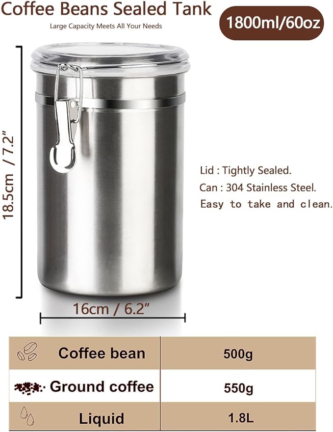 Stainless Steel Food Container with Clear Lids Airtight Container Stackable Small Canisters Kitchen Pantry Storage for Cereal, Snacks, Candy, Herbs, Spices, Sugar, Tea (1.8L Silver-2)