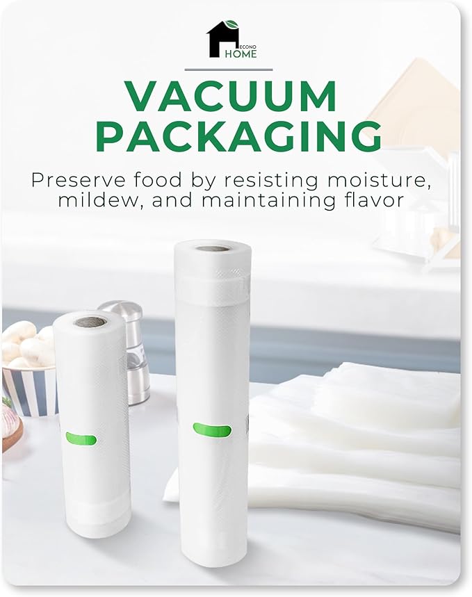 EconoHome Heavy Duty Vacuum Seal Bags for Food - Commercial-Grade, Airtight & Leakproof Plastic Vacuum Storage Bags for Sous Vide, Meal Preparation, Processing & Dry Aging Meat - 8"x20' Roll, 10 Pack