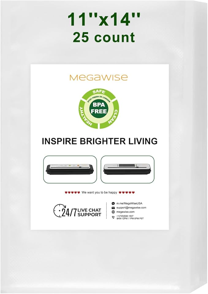 MEGAWISE Vacuum Sealer Bags (11''x 14''-25pcs) for Food Freshness Preservation, BPA Free Vacuum Storage Bags for Food or Sous Vide, Seal a Meal,Double-Sided Texture, Double Lock Freshness (25 count)