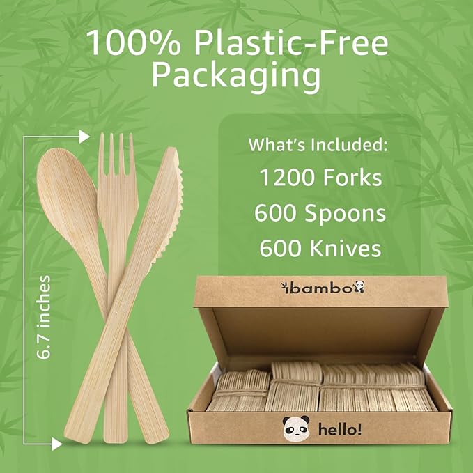 100% Bamboo Cutlery Set - 2400 Utensil Disposable Set (1200 Forks, 600 Spoons, 600 Knives) | Reusable or Disposable Utensils for Party | FSC Certified Flatware for Weddings, Camping, Parties