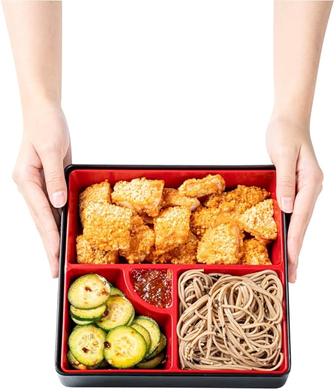 Restaurantware-8.3 x 2.2 Inch Compartment Lunch Container, 1 Japanese Style Adult Lunch Container - With 4 Compartments, Greaseproof, Black & Red Plastic Divided Lunch Box, For Hot & Cold Food