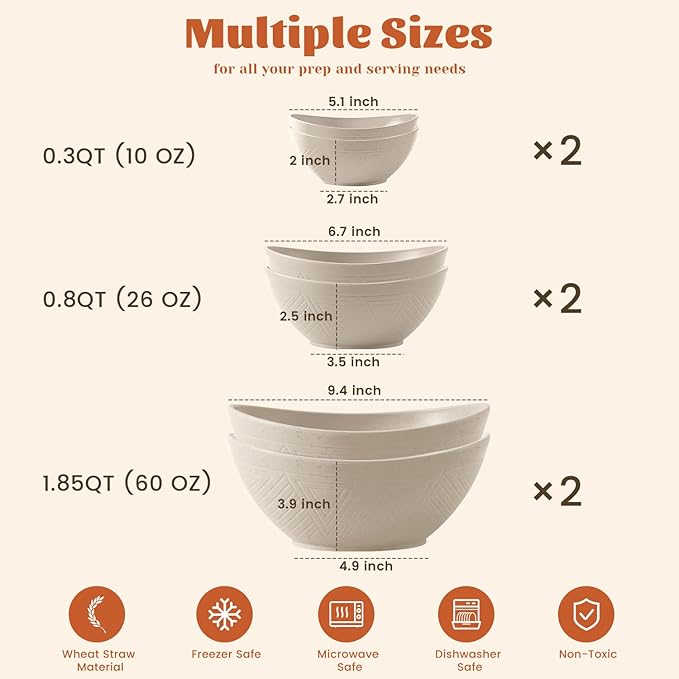 Homienly Wheat Straw Mixing Bowls, Bowls for Kitchen Set of 6, Premium Wheat Straw Mixing Bowls Set Includes 3 Size, Unbreakable Mulit Size Bowls for Salad,Serving,Cereal,Dinner,Fruit,Dessert (Beige)
