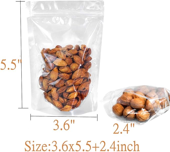100 Pack Reusable Clear Polyethylene (PE) Stand-up Self Seal Mylar Food Storage Bags, 3.6*5.5+2.4inch, Resealable, Leak Resistant, BPA Free