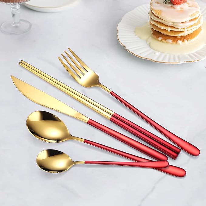 AARAINBOW 6 Pieces 18/8 Stainless Steel Flatware Set Portable Reusable Cutlery Set Travel Utensils Set Including Chopsticks Knife Fork Spoon Straws Cleaning Brush Dishwasher Safe (Red golden)