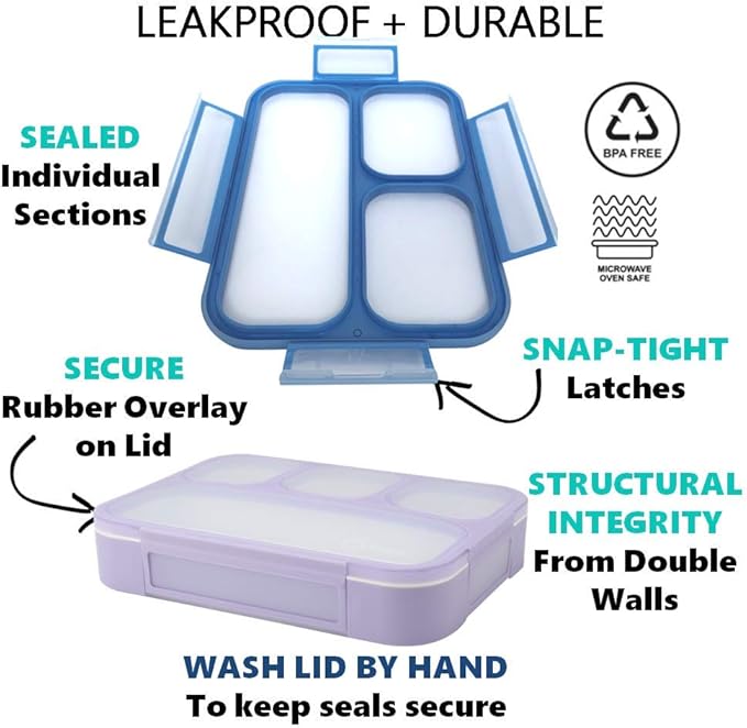 Bento Lunch Box Kids & Adult: Leakproof Lunch Containers for Boys & Girls with 3 Compartments - School, Daycare, Meal Planning Portion Control Container, BPA-Free Boxes, Utensils | Blue Purple 2 pack