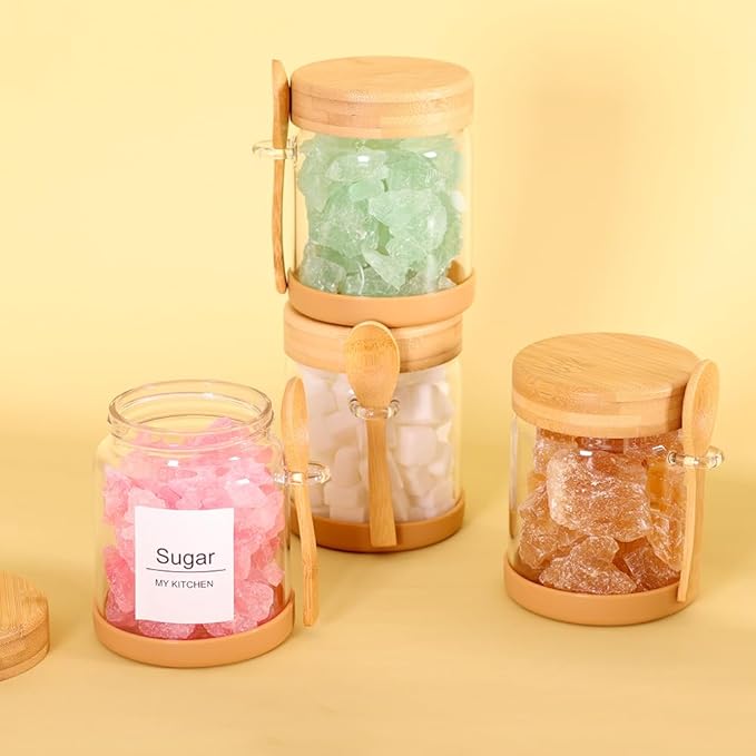SAIOOL 4 Pack Glass Storage Containers with Bamboo Lids and Spoon,Overnight Oats Containers with Lids,with Anti Slip Silicone Base,Seasoning Organizer,Spice Jars (Bamboo 22OZ*4)