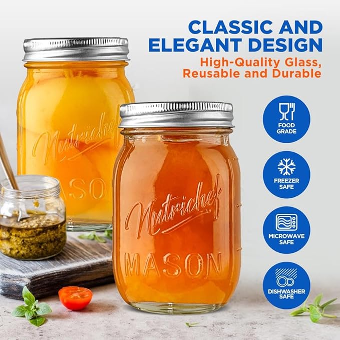 NutriChef 16-Pack 16 oz Mason Jars with Lids - Thick Glass Canning Jars with Stainless Steel Lids - Ideal for DIY Spices, Meal Prep, Overnight Oats, Jelly, Jam, Honey, Candles, Crafts, & More