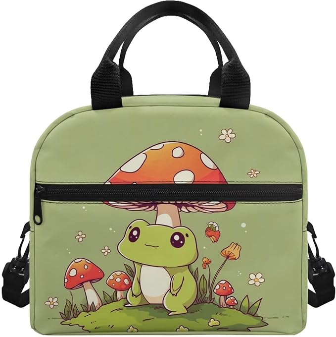 Showudesigns Cute Mushroom Frog Lunch Box for Girls Kids Insulated Lunch Bag Reusable Shopping Bag Keep Food Cold and Warm Crossbody Tote Bags Travel Picnic Organizers