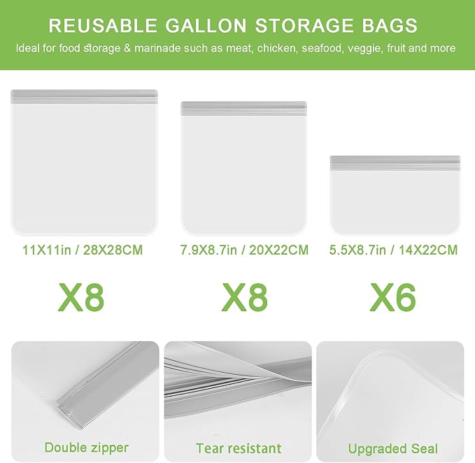 22 Pack Reusable Gallon Freezer Bags - Dishwasher Safe, Leakproof, BPA Free Reusable Storage Bags for Lunch, Marinate Food, Travel - 8 Gallon, 8 Sandwich, 6 Snack Bags