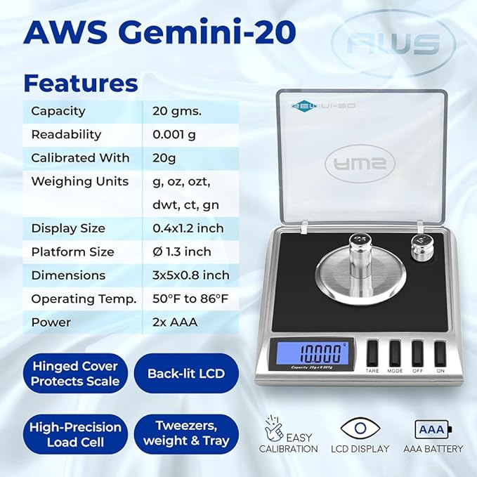 AWS Gemini-20 Milligram Scale 20g x 0.001g – Digital Jewelry/Lab Scale for Powder, Gold, Gems – Includes Calibration Weights, Tweezers & Tray – Tare, Cal, 6 Units, Pocket Size Mg Scale (Black)