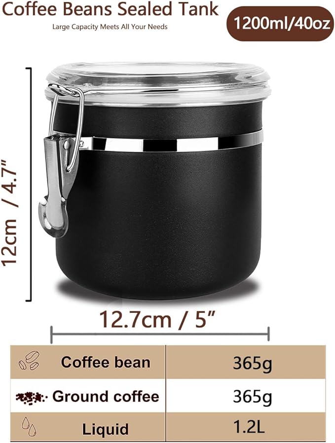 Stainless Steel Food Container with Clear Lids Airtight Storage Container Stackable Small Canisters Kitchen Pantry Storage for Cereal, Snacks, Candy, Herbs, Spices, Sugar, Tea (1.2L Black)