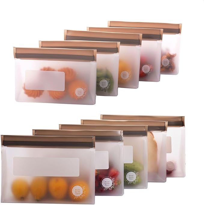 Reusable Silicone Food Storage Bags – 10-Pack Stand-Up, BPA-Free, Freezer, Dishwasher Safe, & Eco-Friendly – 5 L, 5 M Bags – Airtight Leakproof Sandwich, Snack, Travel & Make-Up baggies (Grey)