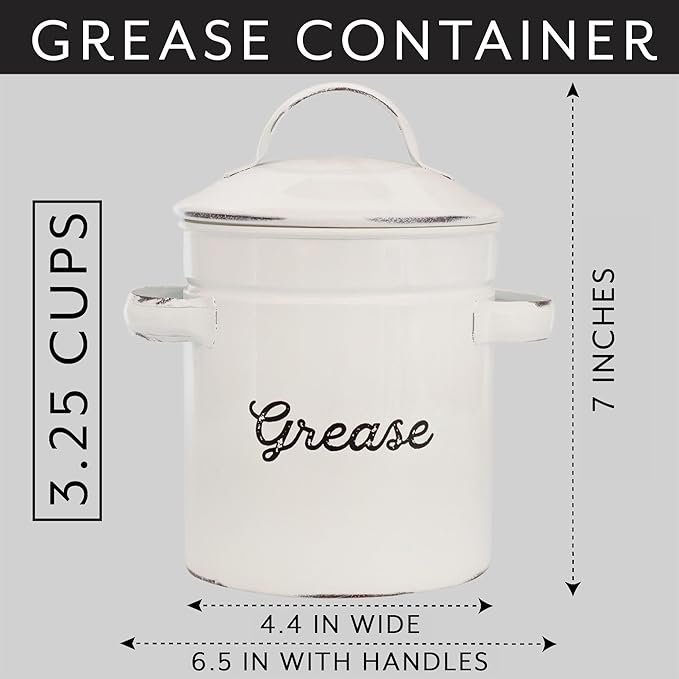 AuldHome Design Enamelware Grease Container w/ Strainer, Farmhouse Style Kitchen StorageTin, Labeled "Grease"