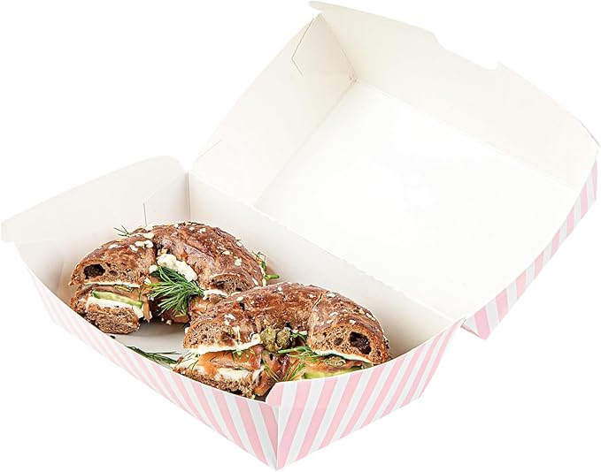 Restaurantware Bio Tek 6.7 x 3.5 x 3.5 Inch Clamshell Food Containers 100 Disposable Sandwich Containers - Hinged Lid Tab-Lock Closure Pink And White Paper Hot Dog Containers Greaseproof