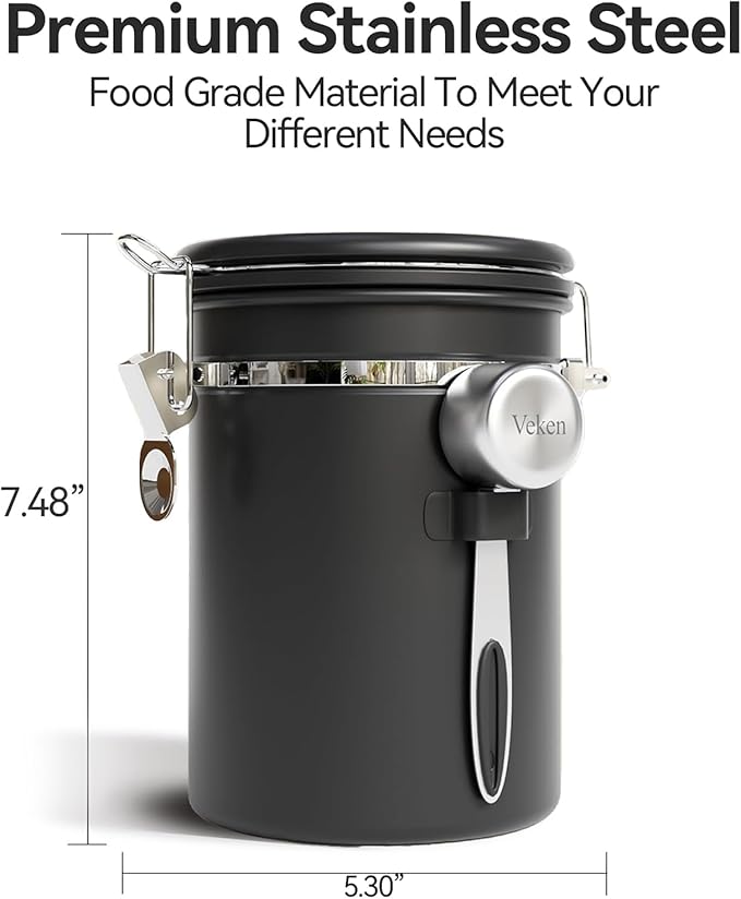 Veken Coffee Canister with Window,Coffee Bar Accessories,Airtight Stainless Steel Kitchen Food Storage Container Lover Gifts,Date Tracker and Scoop for Grounds,Beans,Tea, Sugar,Flour,Cereal,22OZ,Black