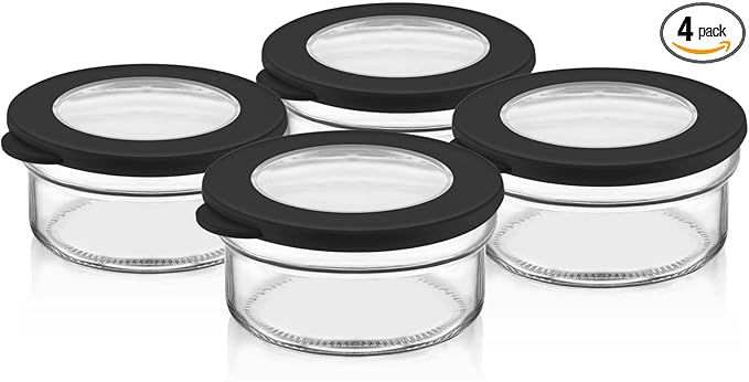 4-Piece Glass Food Storage Container Set with Airtight Lids – 450ml (15oz) Round Bowls, Leakproof and BPA-Free, Ideal for Meal Prep, Leftovers, and On-the-Go Snacks – Black