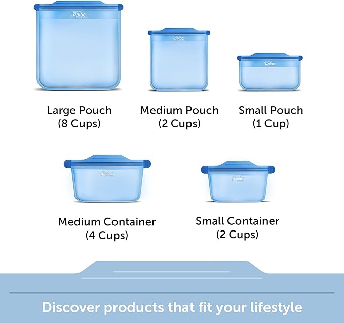 Ziploc Endurables Small Container, 2 Cups, Reusable Silicone Bags and Food Storage Meal Prep Containers for Freezer, Oven, and Microwave, Dishwasher Safe, 2 Pack