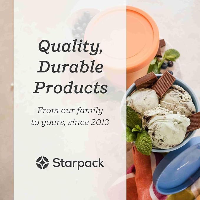 Starpack 'Freeze the Day' Ice Cream Storage Container for Freezer (2 Pcs) - 1 Quart Ice Cream Containers for Homemade Dessert - Reusable Frozen Treat Containers with Lids - Leak-Free Lids (Silicone)