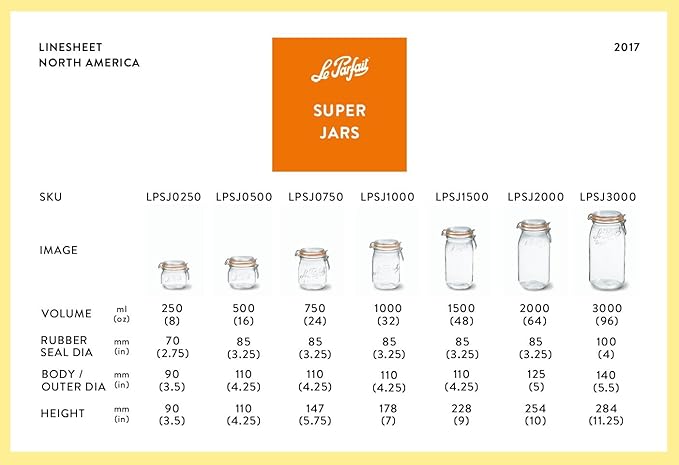 Le Parfait Super Jar, Canning Jars, 500mL French Glass Canning Jar w/Round Body, Glass Jars With Airtight Lid, Canning Jars Wide Mouth, Glass Jar w/Lid, Clear Jars, Clear Glass Jars (16oz/Pint, 4 pk)
