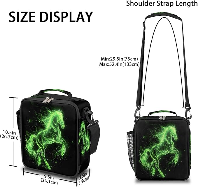 Lunch Box for Kids Boys Girls Green Fire Horse Kids Lunch Bag Insulated Lunch Bag Tote with Adjustable Shoulder Strap Teens Lunchbox Cooler School Picnic