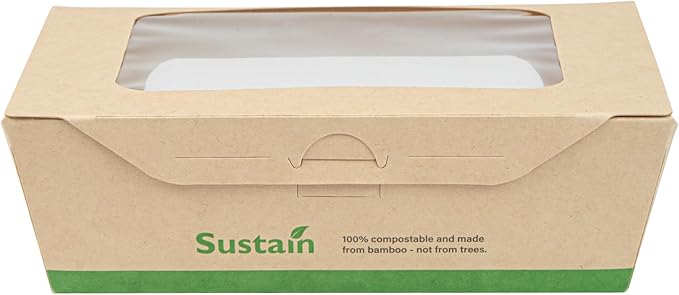 Restaurantware-Sustain 28 Ounce Sturdy Paper Take Out Boxes, 50 Disposable Take Out Food Containers - With PLA lining, Two Clear PLA Windows, Bamboo Paper Containers, Compostable, Tab-Lock Design
