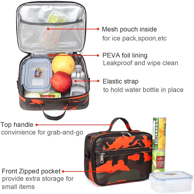 BLUEFAIRY Boys Backpacks Set for Kids Elementary School Bag with Lunch Box Teens Primary Middle School Book Bags Bookbag Schoolbag Sturdy Travel Lightweight Gifts Camo Orange