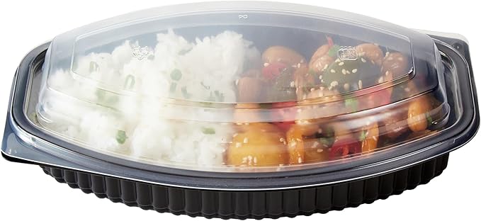 RW Base 21 Ounce Meal Prep Containers, 50 Microwavable To Go Containers With Lids - Disposable, Freezable, Black Plastic Oval Food Containers, Pack Hot And Cold Food, For Takeaway - Restaurantware