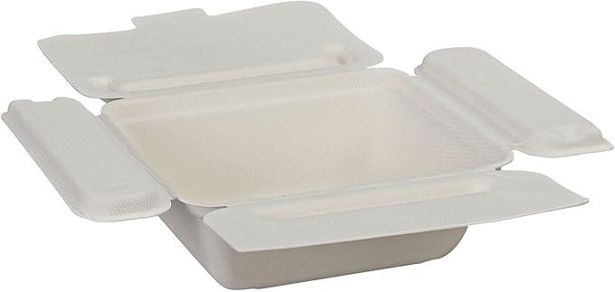 ECO PRODUCTS Compostable 22oz One-Piece To Go Containers, Case of 300, 6"x5.5"x2" Vanguard Folia Innovative Container, Disposable Renewable White Molded Fiber, No PFAS, Tree-Free, ASTM, BPI-Certified