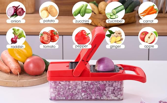 New 26 in 1 Ultimate Vegetable Chopper – Multi-Function Vegetable Slicer for Slice, Dice, Chop, Grate and Spiralize - Hand Kitchen Slicer for Food and Salad - Kitchen Essential (Red)