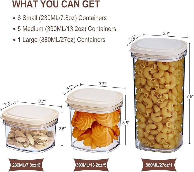 12-Piece Airtight Food Storage Containers Set – 6x 230ML, 5x 390ML & 1x 880ML BPA-FREE Plastic Kitchen Canisters with Lids for Dry Food, Snacks, Spices, Pantry Organization (White)