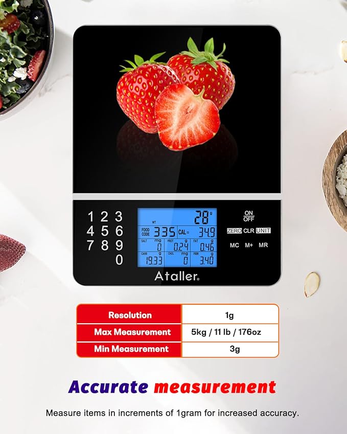 Ataller Food Scale with Nutritional Calculator, Kitchen Diet Scale, Digital Food Calorie Counting Scale for Meal Prep, Kitchen, Baking, Weight Loss, Resolution 1g, Max 5kg 11Ib, Tempered Glass, Black