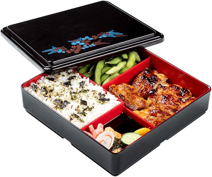 Restaurantware-8.3 x 2.2 Inch Compartment Lunch Container, 1 Japanese Style Adult Lunch Container - With 5 Compartments, Greaseproof, Black & Red Plastic Divided Lunch Box, For Hot & Cold Food