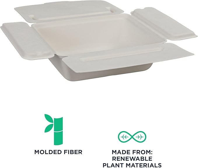 ECO PRODUCTS Compostable 58oz One-Piece To Go Containers, Case of 150, 8.25"x7.5"x2.5" Vanguard Folia Innovative Container, Disposable Renewable White Molded Fiber, No PFAS, ASTM, BPI-Certified