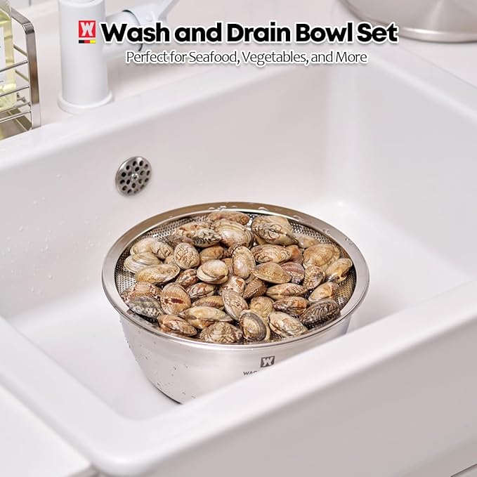 Stainless Steel Mixing Bowl Set (3-Piece) – Multifunctional Food Prep & Baking Tools with Strainer and Serving Tray, Oil Drain Tray, Nesting Storage, Easy Measurement Marks (8.66 Inch)