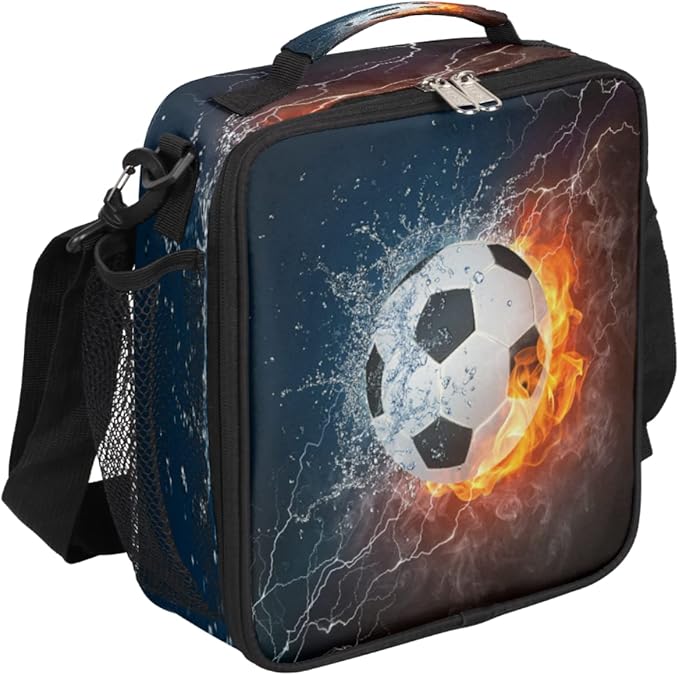Kids Lunch Box for Boys Girls Lunch Bag Fire Water Soccer Football Kids Lunch Bags Insulated Meal Tote with Adjustable Shoulder Strap for School Picnic