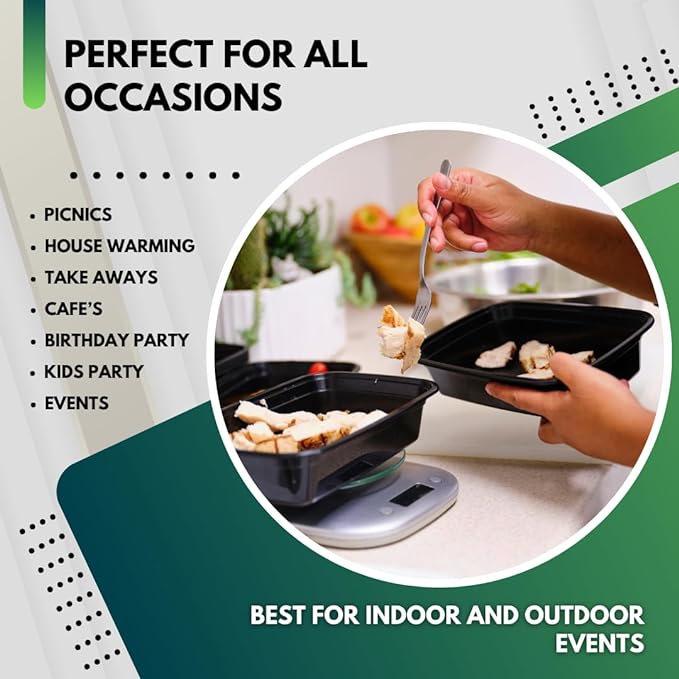 Green Direct Pack of 10 (16 oz) - Disposable Meal Prep and Take out black food containers with lids, Plastic Bento Lunch Box To Go