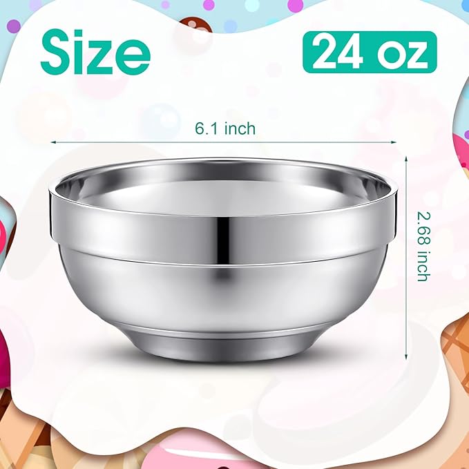 4 Pack 24 Oz stainless Steel Bowls Double Walled Insulated Soup Ice Cream Metal Mixing Nesting Bowls for Serving Soup Rice Cereal