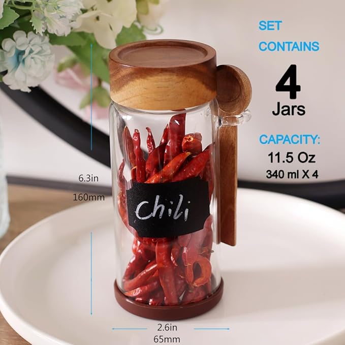 SAIOOL High Bprosilicate Glass 4 Pack Spice Jars with Label and Spoons,Overnight Oats Containers with Acacia Airtight Lids,Glass Food Storage Jars, Coffee Bar (Acacia 11.5 OZ*4)