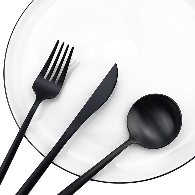 Black Flatware, Royal 5 Piece Luxury Matte Finish 18/10 Stainless Steel Tableware Sets for 1 Including Forks Spoons Knives, Camping Silverware Travel Utensils Set Cutlery (Black)