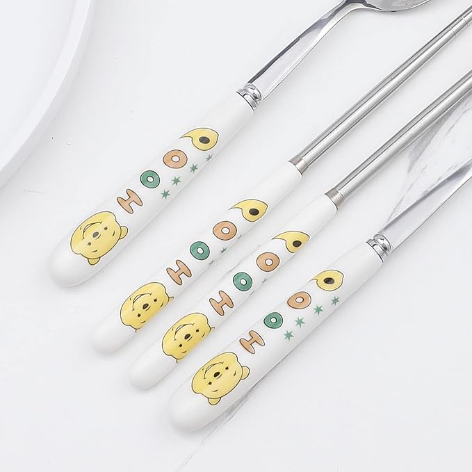 Cartoon Pooh Bear Print Portable Utensils with Case Pooh Piglet Reusable Flatware Set Chopsticks Fork Spoon Set for Travel Picnic, Middle, Blue