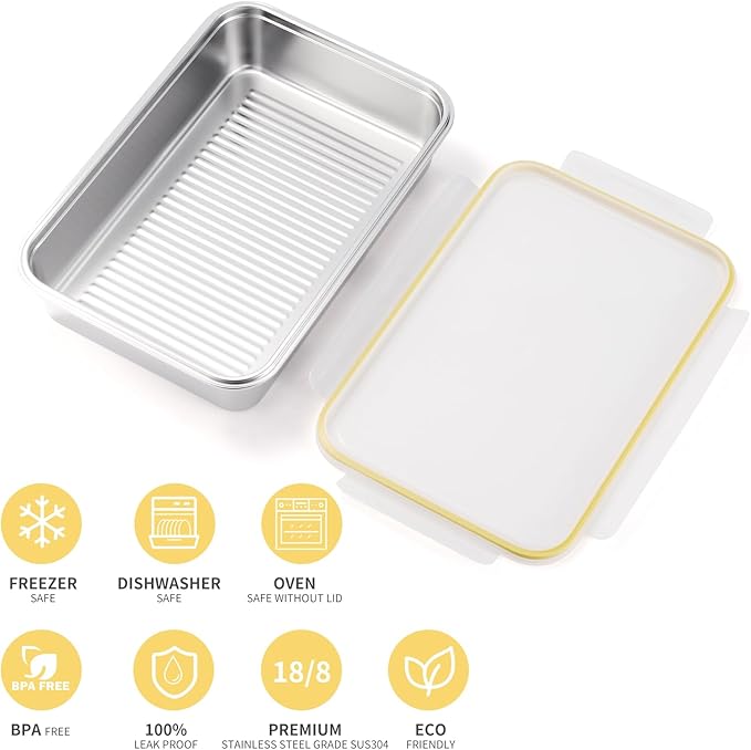 18/8 Stainless Steel Food Storage Containers, Meal Preparation Container Set, Baking Pan, Leak Proof Stackable Light and Easy Storage, Metal Set of 5 (2PC 21oz/2PC 43oz/1PC 169oz)