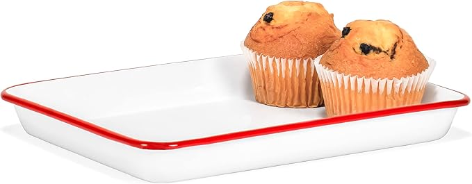 Red Co. 11" x 9" Enamelware Metal Classic 2 Quart Rectangular Serving Tray, Solid White/Red Rim