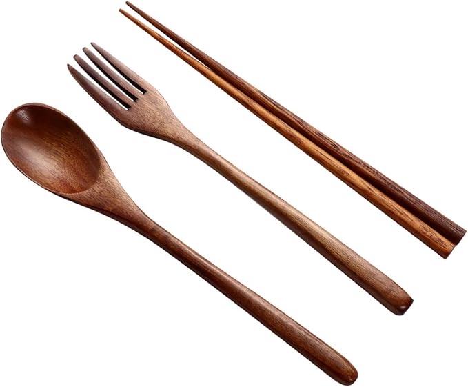 Hemoton 6 Pcs Wooden Flatware Tableware Cutlery Set Travel Utensils Wooden Fork Spoon Chopsticks Reusable Flatware Utensils for Kitchen Dinning Table