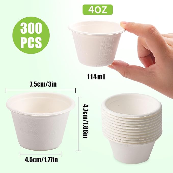 Blcculi 300 Pack Compostable Portion Cups,4 OZ Disposable Souffle Cups,White Bagasse Fiber Cups,Biodegradable Sauces Cups,Compostable Condiment Cups,Sample Cups for Snack, Salad, Dressing