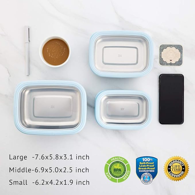 Lille Home Leak Proof Salad Container Stainless for Lunch - Snack Containers Steel - Ideal for Educational Settings & Daycare - Nesting Trio with Silicone Lids - 47oz+30oz+16oz - Blue